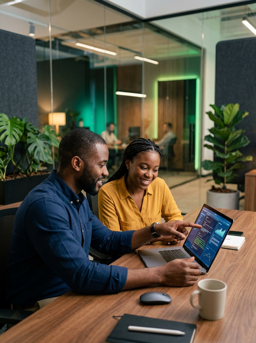African American IT Consultant Assisting and Coaching Colleague